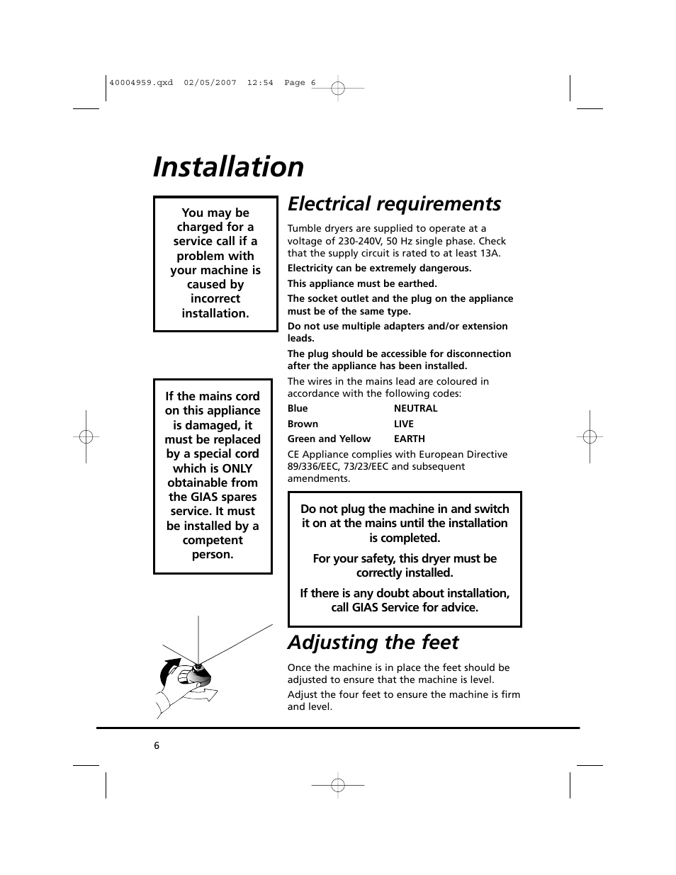 Installation, Electrical requirements, Adjusting the feet | Candy GO V 117-80 User Manual | Page 6 / 20