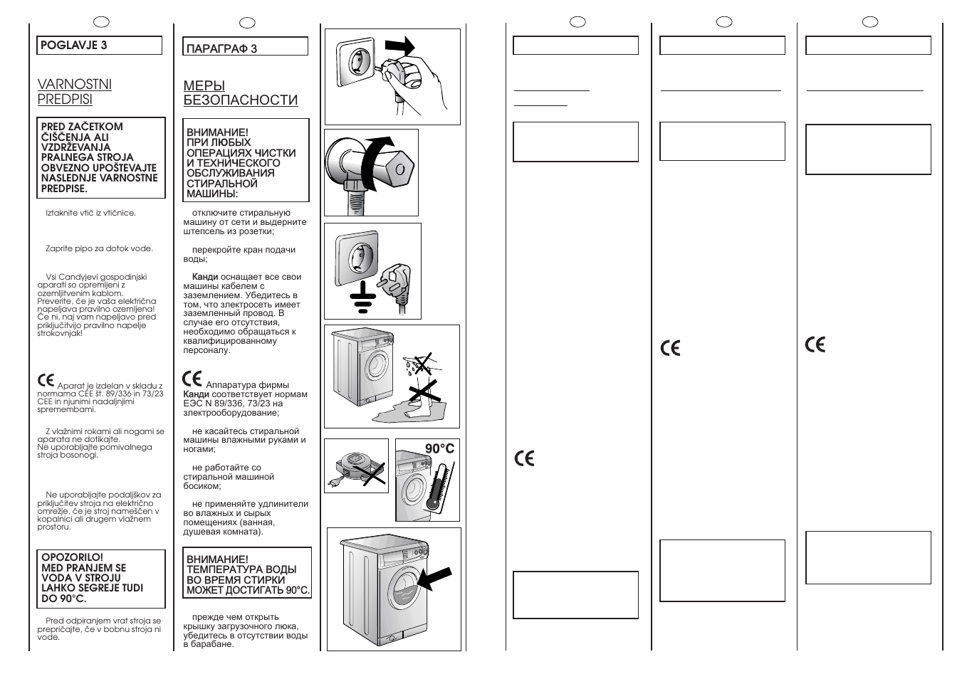 Safety measures, Sikkerheds regler, Sikkerhetsregler | Ìåpû безопасности, Varnostni predpisi | Candy LB CBD120-16 User Manual | Page 6 / 37