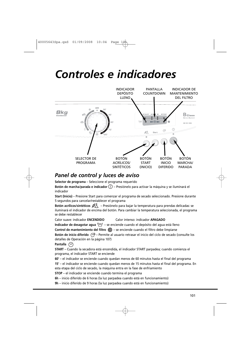 Controles e indicadores, Panel de control y luces de aviso | Candy GO DC 38G-37S User Manual | Page 101 / 128
