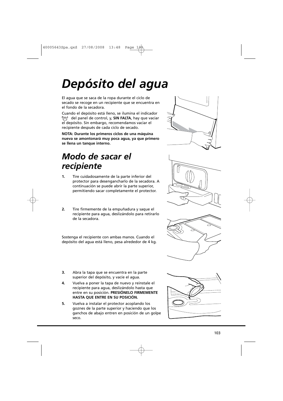 Depósito del agua, Modo de sacar el recipiente | Candy GO DC 38G-37S User Manual | Page 103 / 128
