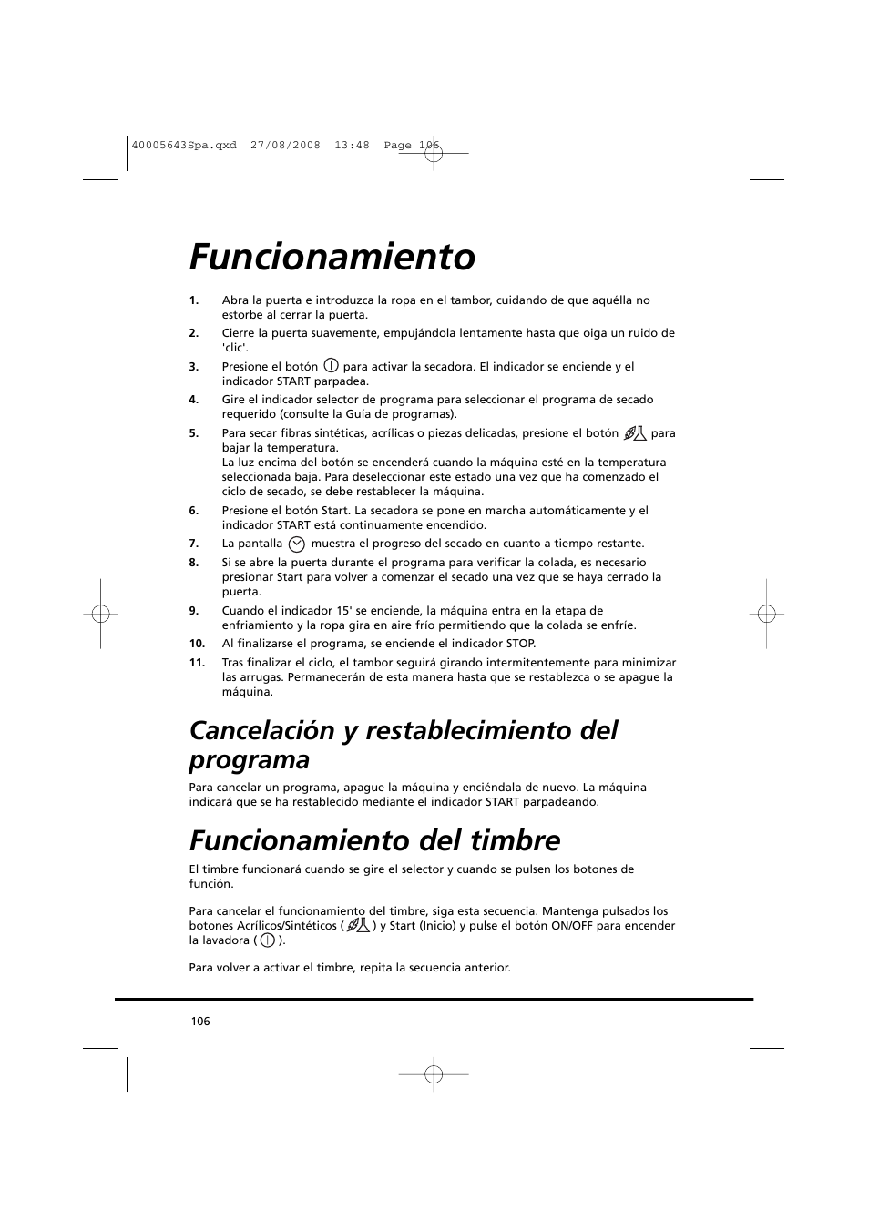 Funcionamiento, Funcionamiento del timbre, Cancelación y restablecimiento del programa | Candy GO DC 38G-37S User Manual | Page 106 / 128