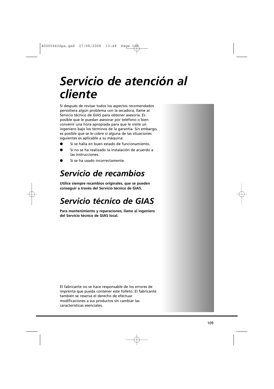Servicio de atención al cliente, Servicio de recambios, Servicio técnico de gias | Candy GO DC 38G-37S User Manual | Page 109 / 128