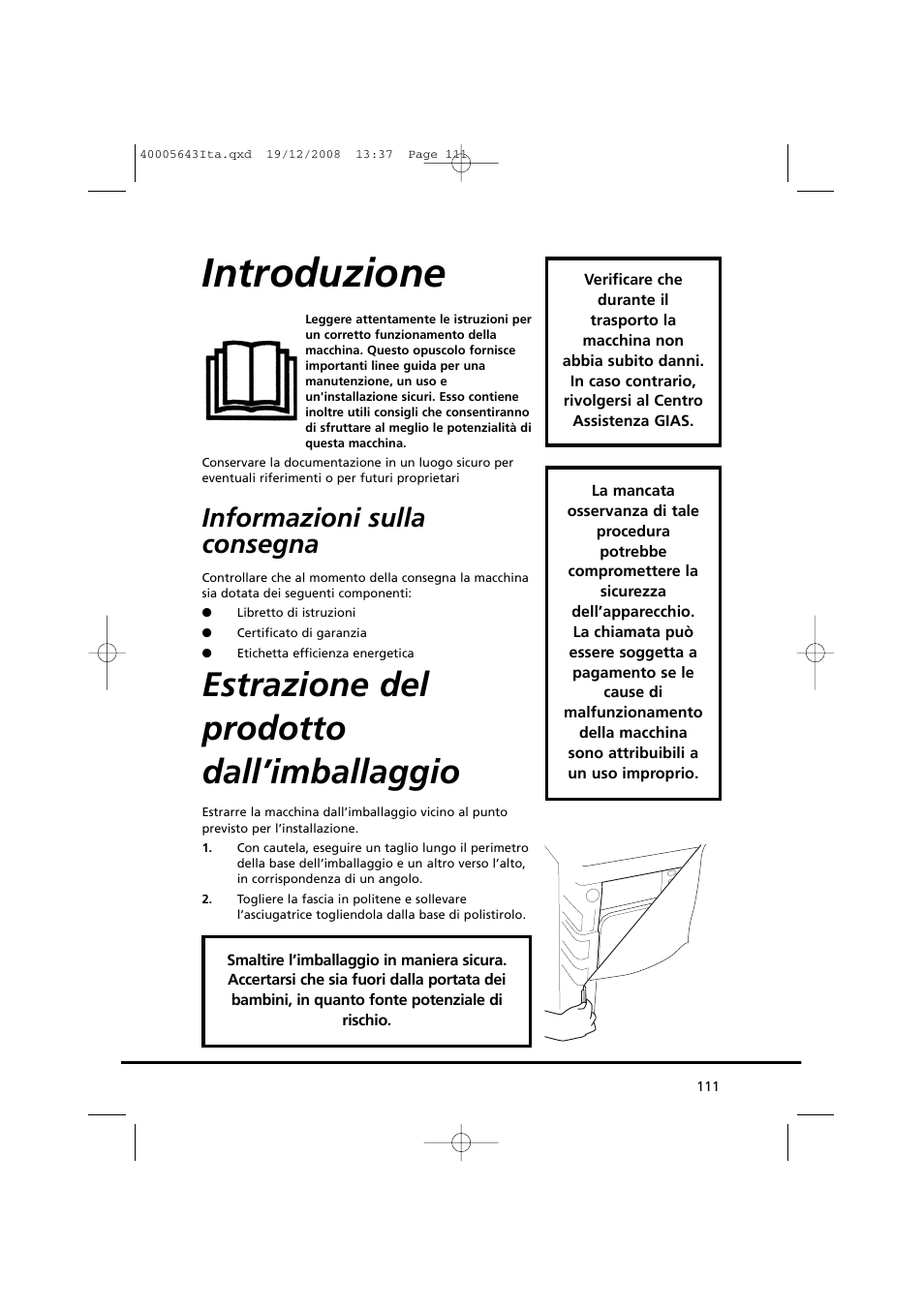 Introduzione, Estrazione del prodotto dall’imballaggio, Informazioni sulla consegna | Candy GO DC 38G-37S User Manual | Page 111 / 128