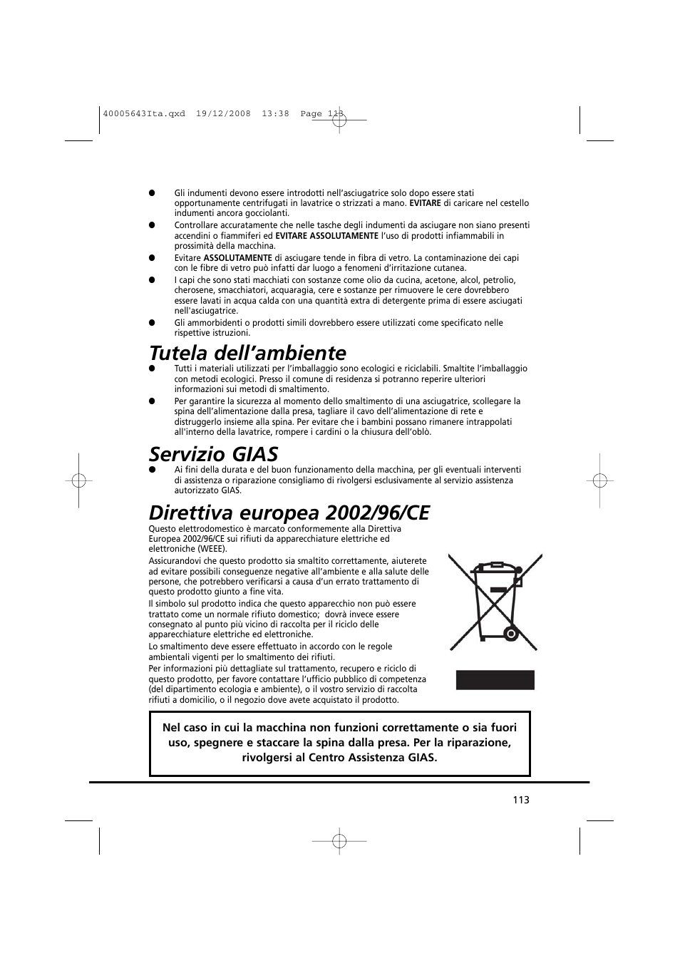Tutela dell’ambiente, Servizio gias | Candy GO DC 38G-37S User Manual | Page 113 / 128