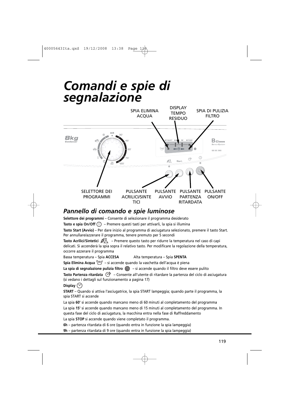 Comandi e spie di segnalazione, Pannello di comando e spie luminose | Candy GO DC 38G-37S User Manual | Page 119 / 128