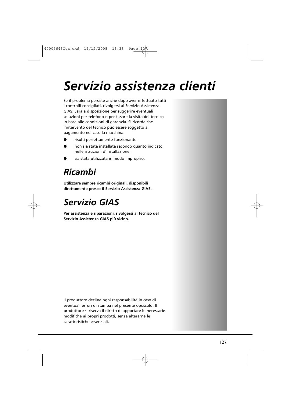 Servizio assistenza clienti, Ricambi, Servizio gias | Candy GO DC 38G-37S User Manual | Page 127 / 128