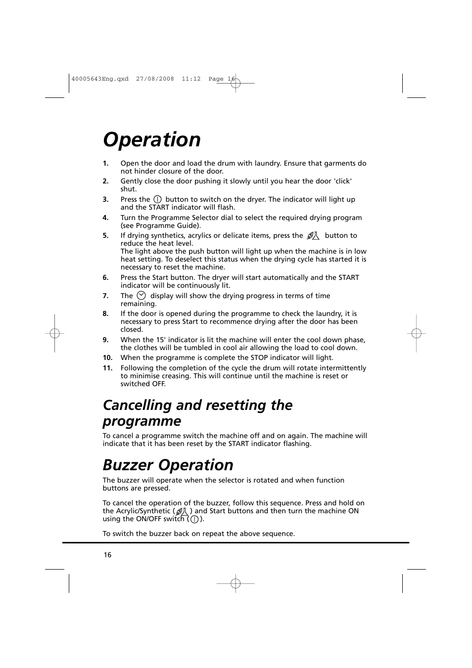 Operation, Buzzer operation, Cancelling and resetting the programme | Candy GO DC 38G-37S User Manual | Page 16 / 128