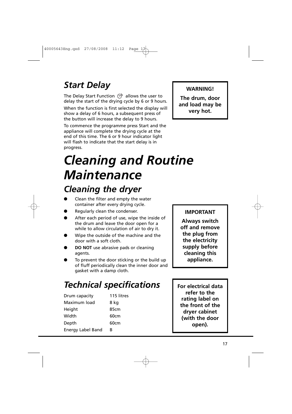Cleaning and routine maintenance, Start delay, Cleaning the dryer | Technical specifications | Candy GO DC 38G-37S User Manual | Page 17 / 128