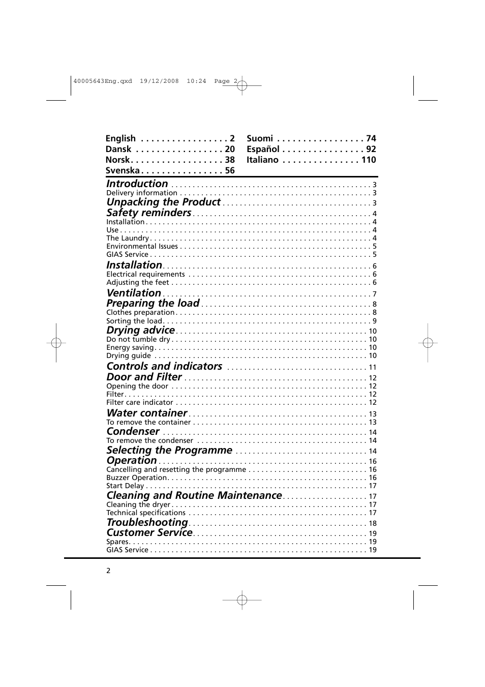 Introduction, Unpacking the product, Safety reminders | Installation, Ventilation, Preparing the load, Drying advice, Controls and indicators, Door and filter, Water container | Candy GO DC 38G-37S User Manual | Page 2 / 128