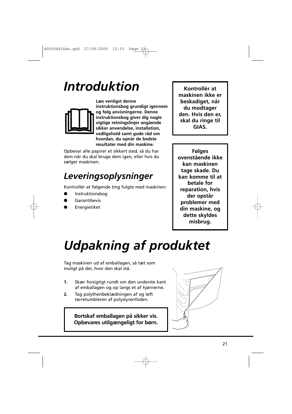 Introduktion, Udpakning af produktet, Leveringsoplysninger | Candy GO DC 38G-37S User Manual | Page 21 / 128