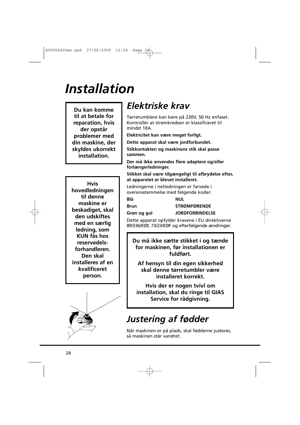 Installation, Elektriske krav, Justering af fødder | Candy GO DC 38G-37S User Manual | Page 24 / 128