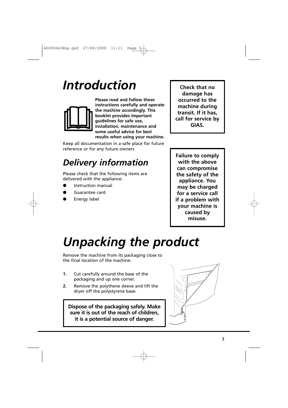 Introduction, Unpacking the product, Delivery information | Candy GO DC 38G-37S User Manual | Page 3 / 128