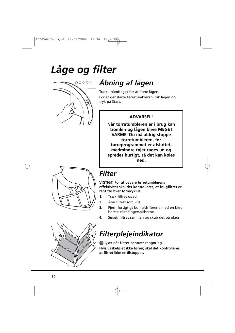 Låge og filter, Åbning af lågen, Filter | Filterplejeindikator | Candy GO DC 38G-37S User Manual | Page 30 / 128