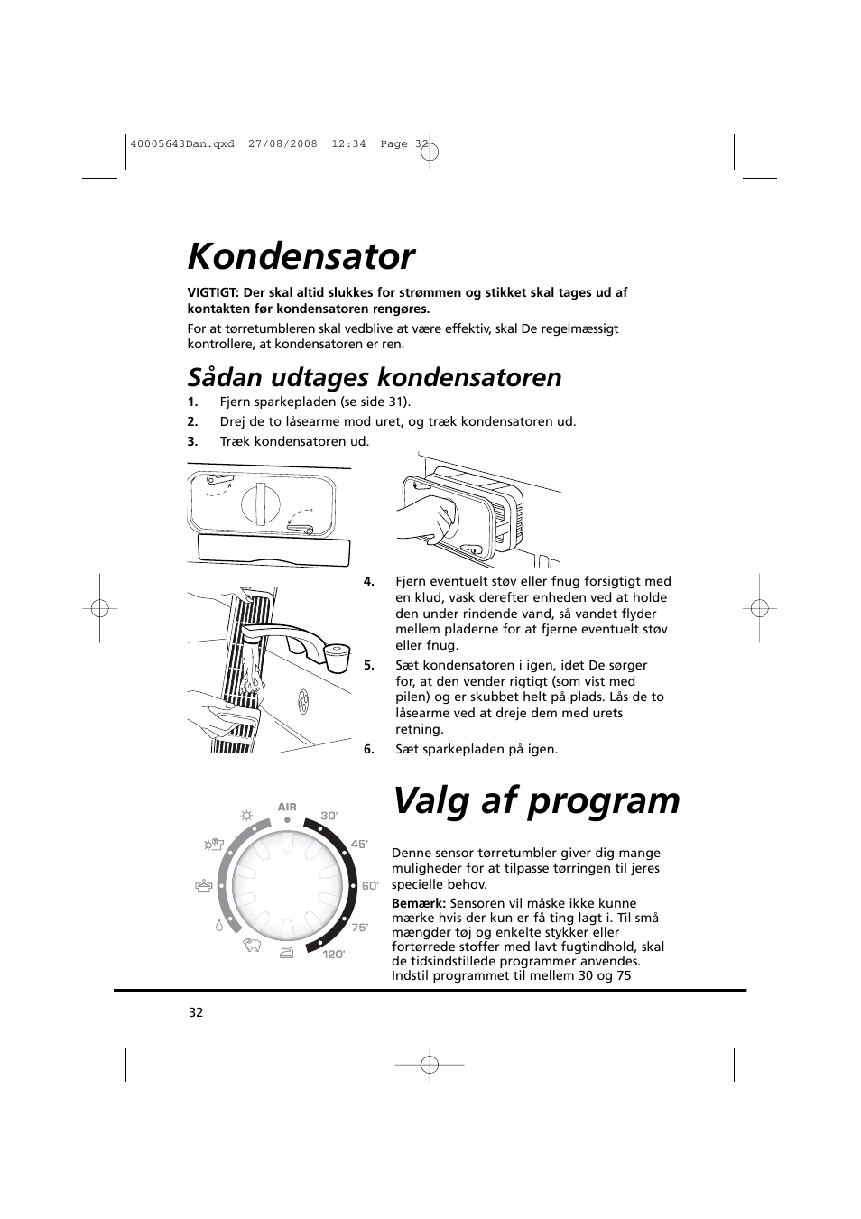 Kondensator valg af program, Sådan udtages kondensatoren | Candy GO DC 38G-37S User Manual | Page 32 / 128