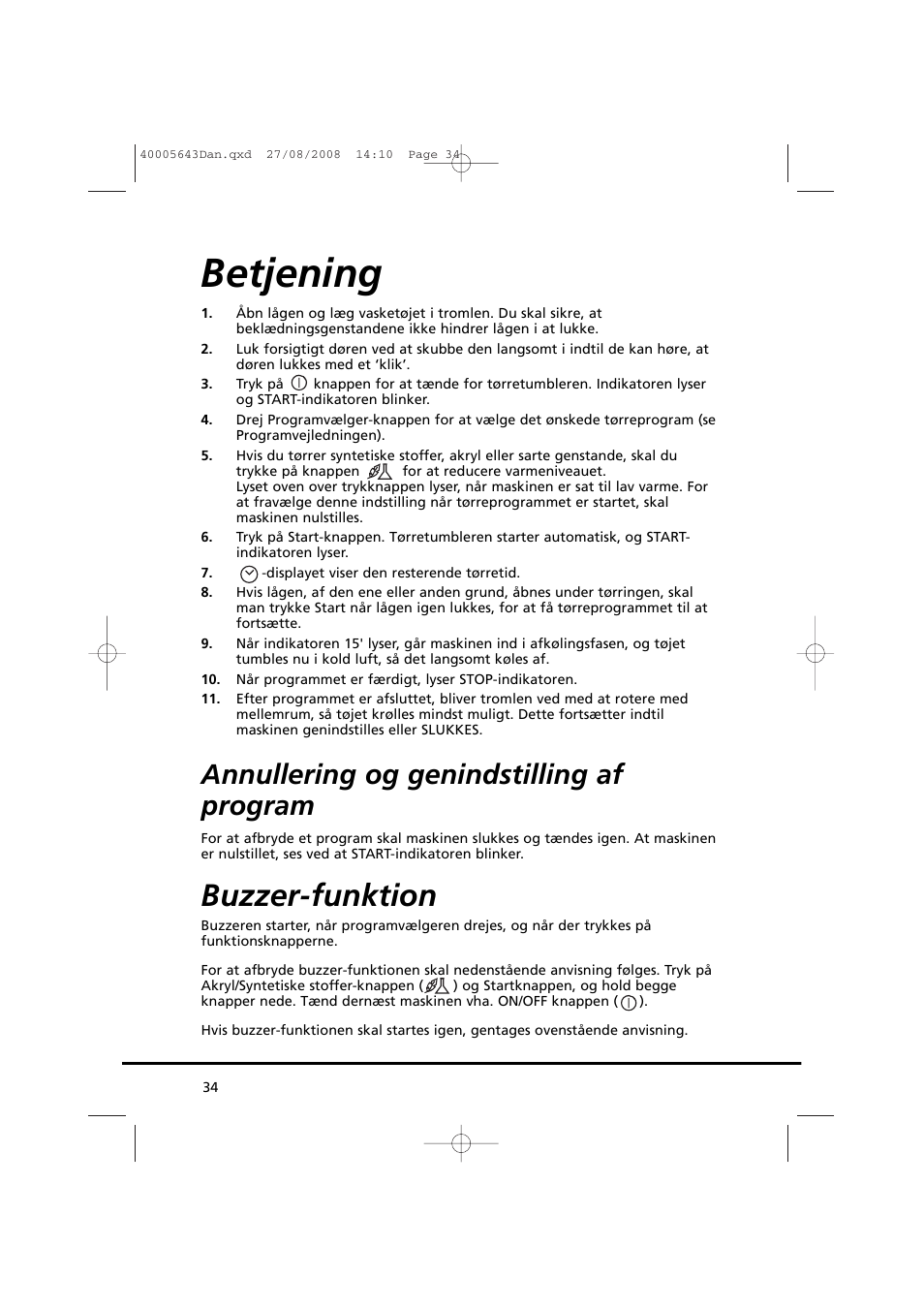 Betjening, Buzzer-funktion, Annullering og genindstilling af program | Candy GO DC 38G-37S User Manual | Page 34 / 128