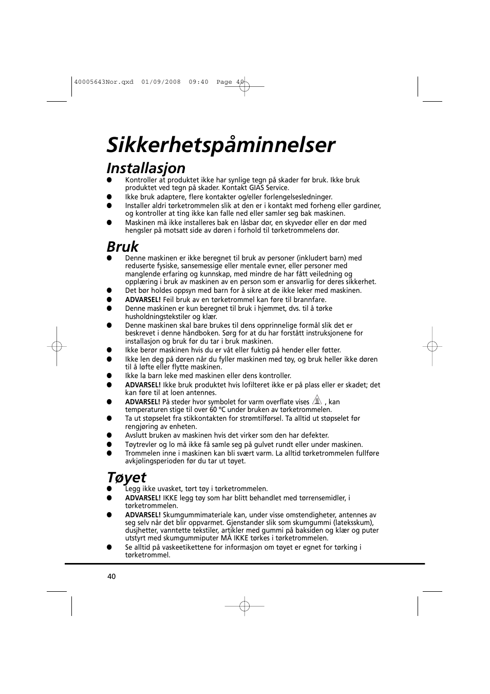 Sikkerhetspåminnelser, Installasjon, Bruk | Tøyet | Candy GO DC 38G-37S User Manual | Page 40 / 128
