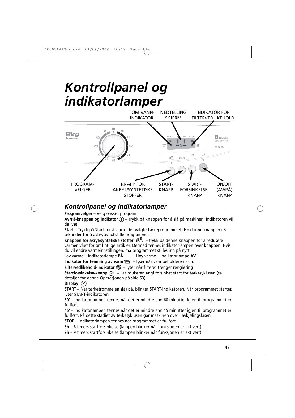 Kontrollpanel og indikatorlamper | Candy GO DC 38G-37S User Manual | Page 47 / 128
