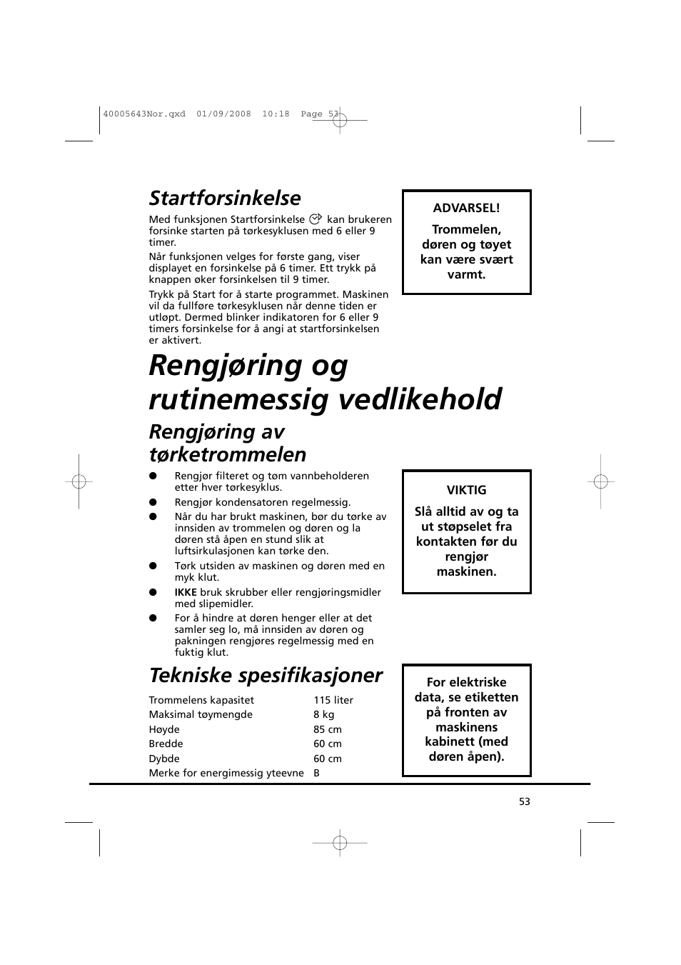 Rengjøring og rutinemessig vedlikehold, Startforsinkelse, Rengjøring av tørketrommelen | Tekniske spesifikasjoner | Candy GO DC 38G-37S User Manual | Page 53 / 128