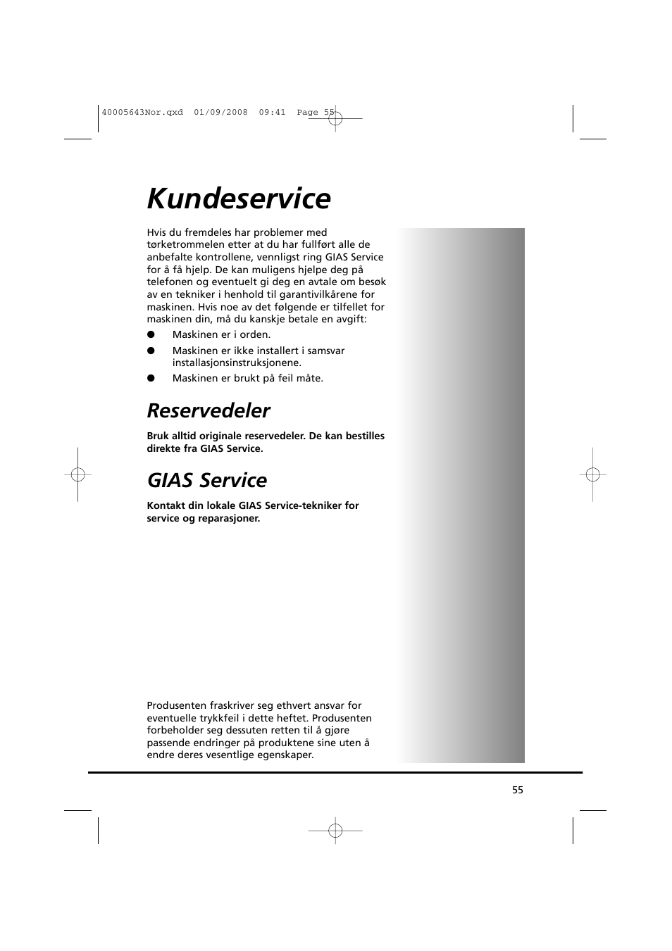 Kundeservice, Reservedeler, Gias service | Candy GO DC 38G-37S User Manual | Page 55 / 128