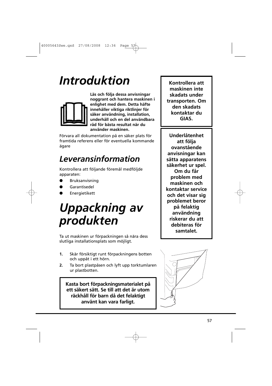 Introduktion, Uppackning av produkten, Leveransinformation | Candy GO DC 38G-37S User Manual | Page 57 / 128