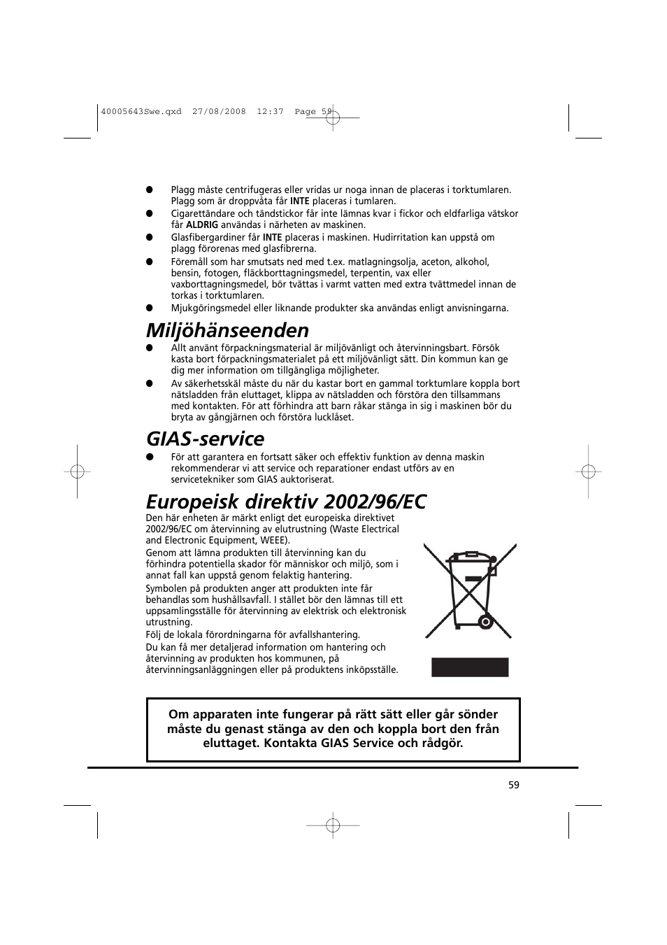 Miljöhänseenden, Gias-service | Candy GO DC 38G-37S User Manual | Page 59 / 128