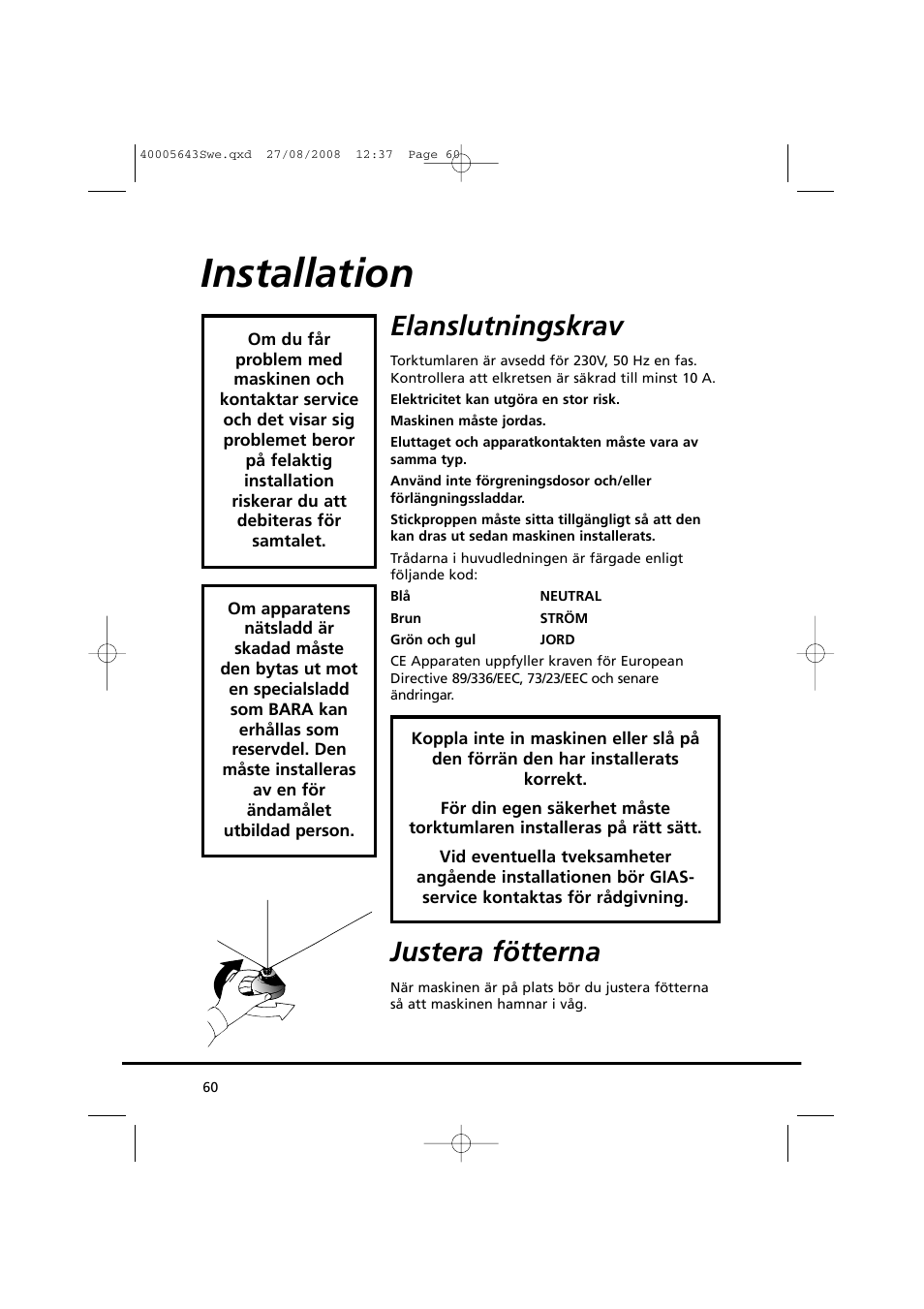 Installation, Elanslutningskrav, Justera fötterna | Candy GO DC 38G-37S User Manual | Page 60 / 128