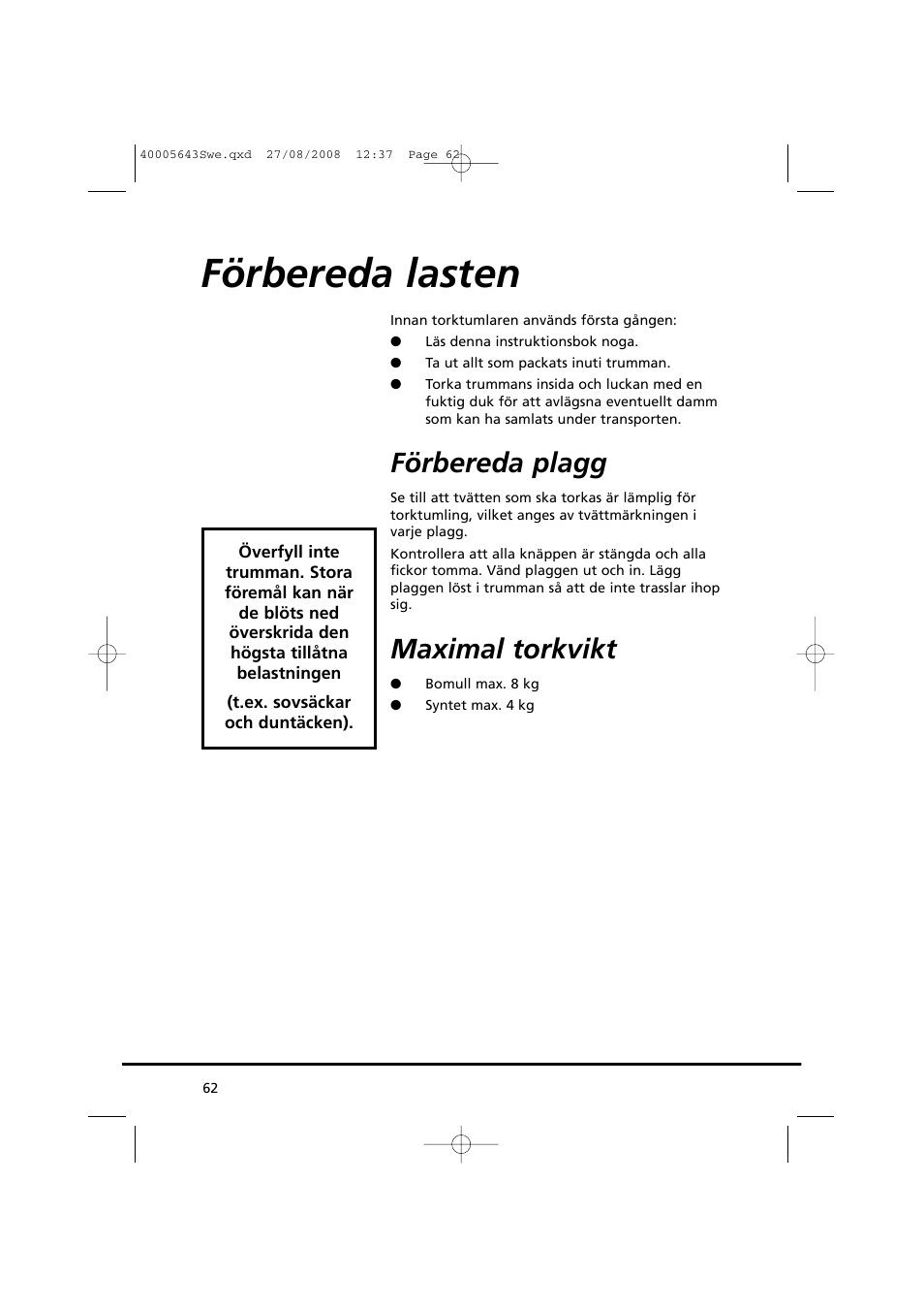 Förbereda lasten, Förbereda plagg, Maximal torkvikt | Candy GO DC 38G-37S User Manual | Page 62 / 128