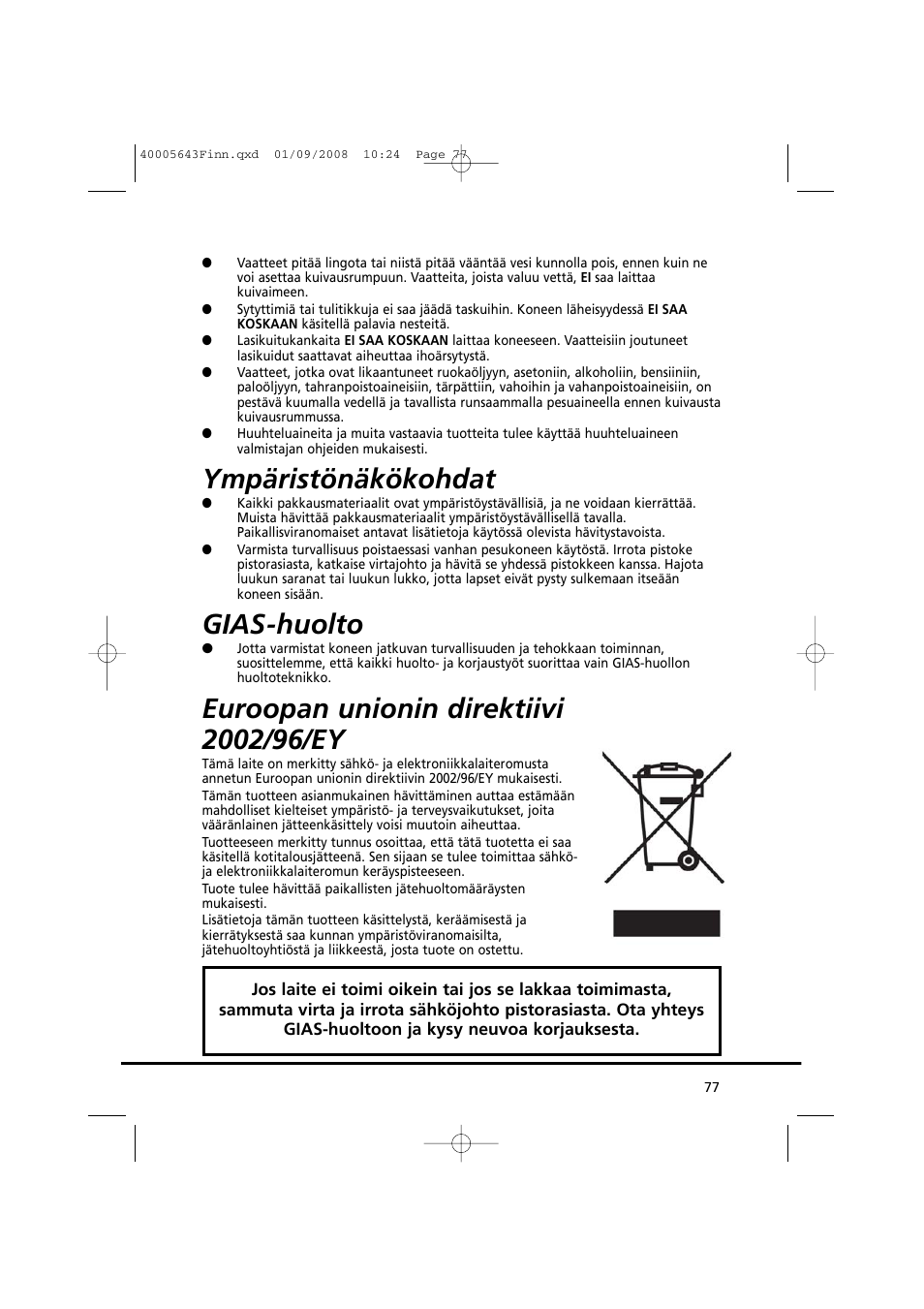 Ympäristönäkökohdat, Gias-huolto | Candy GO DC 38G-37S User Manual | Page 77 / 128