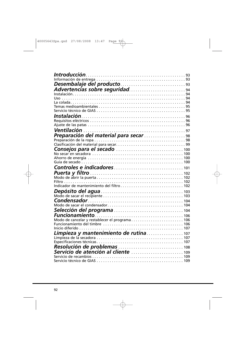 Introducción, Desembalaje del producto, Advertencias sobre seguridad | Instalación, Ventilación, Preparación del material para secar, Consejos para el secado, Controles e indicadores, Puerta y filtro, Depósito del agua | Candy GO DC 38G-37S User Manual | Page 92 / 128