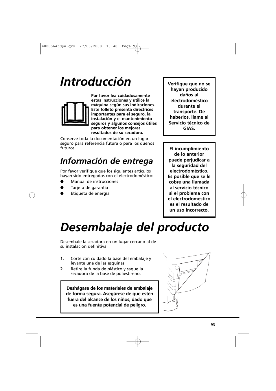Introducción, Desembalaje del producto, Información de entrega | Candy GO DC 38G-37S User Manual | Page 93 / 128