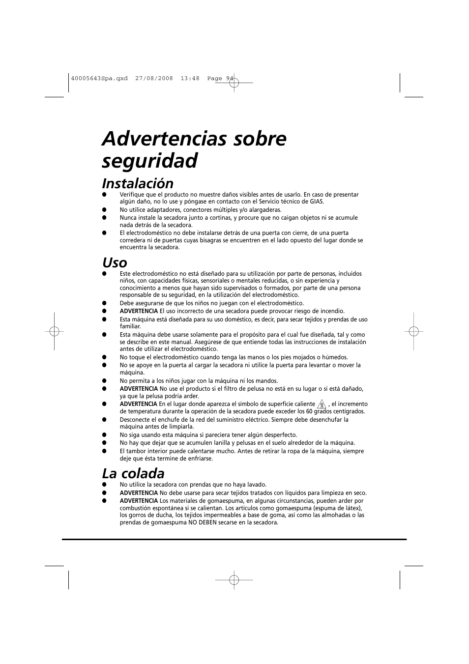 Advertencias sobre seguridad, Instalación, La colada | Candy GO DC 38G-37S User Manual | Page 94 / 128
