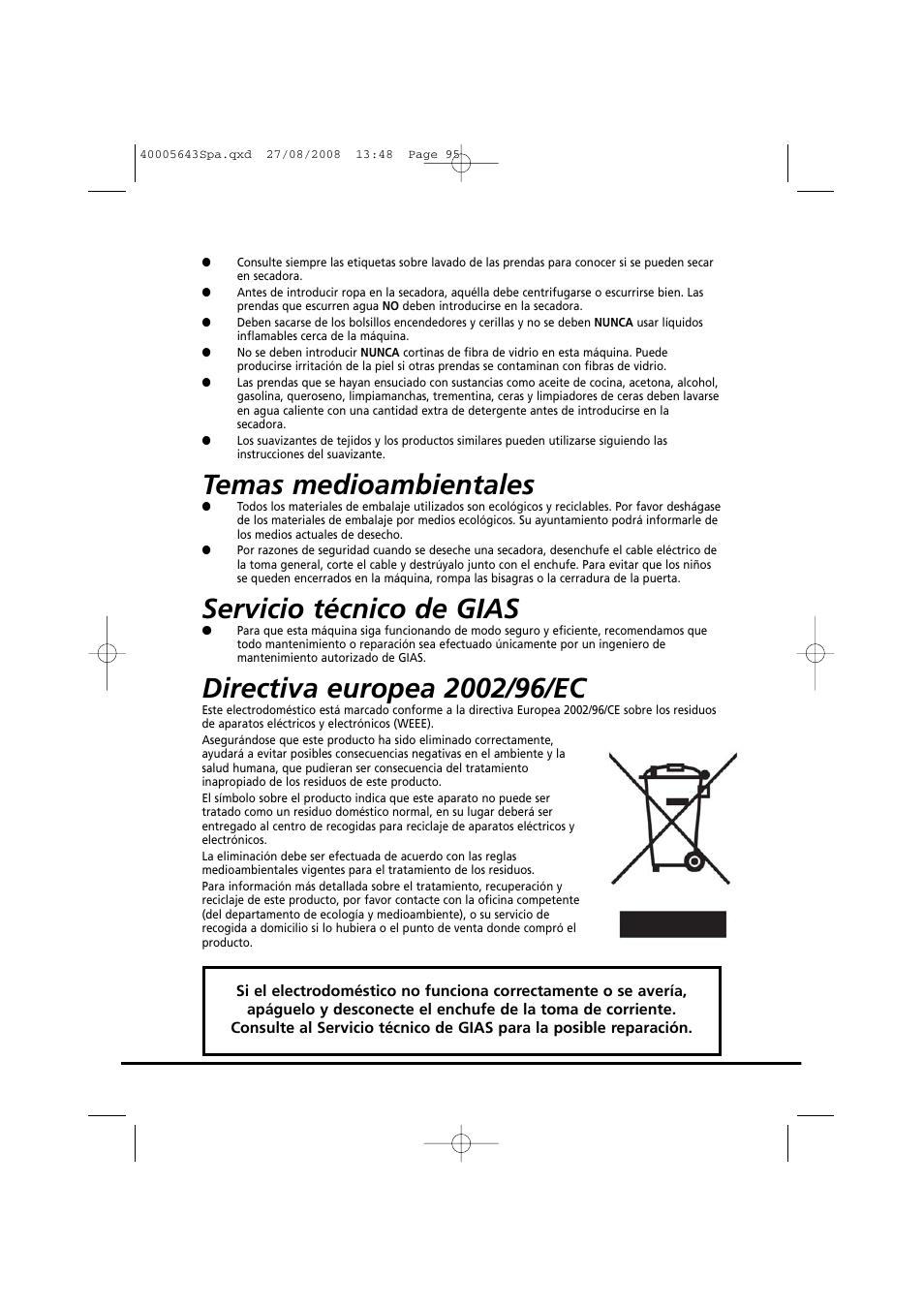 Temas medioambientales, Servicio técnico de gias | Candy GO DC 38G-37S User Manual | Page 95 / 128