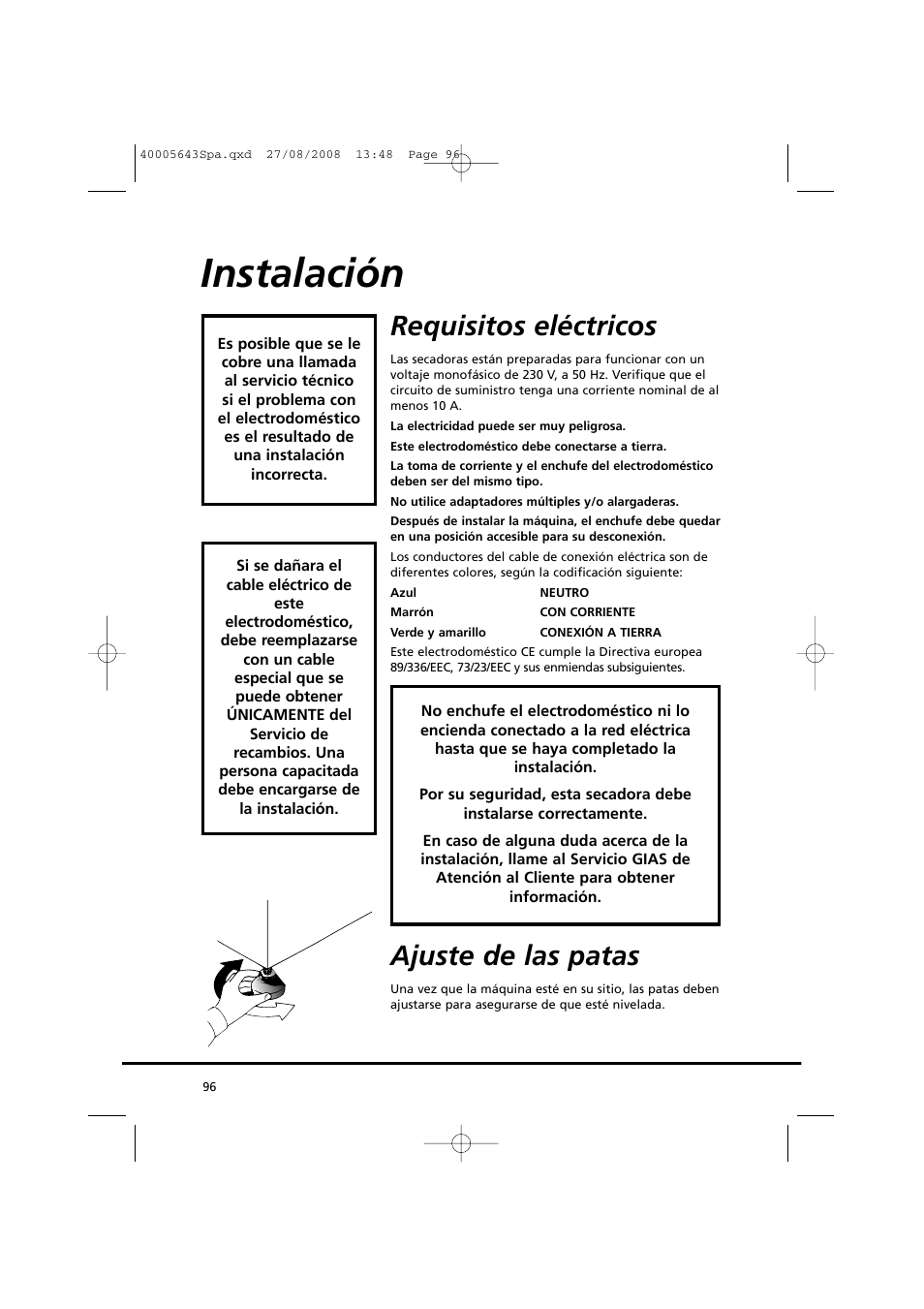 Instalación, Requisitos eléctricos, Ajuste de las patas | Candy GO DC 38G-37S User Manual | Page 96 / 128