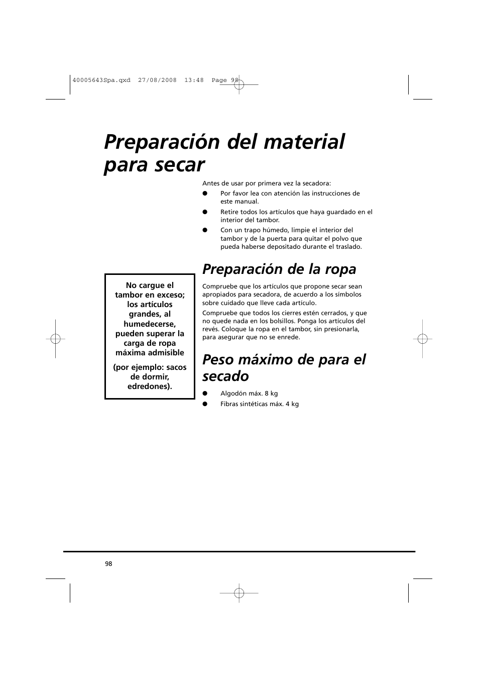 Preparación del material para secar, Preparación de la ropa, Peso máximo de para el secado | Candy GO DC 38G-37S User Manual | Page 98 / 128