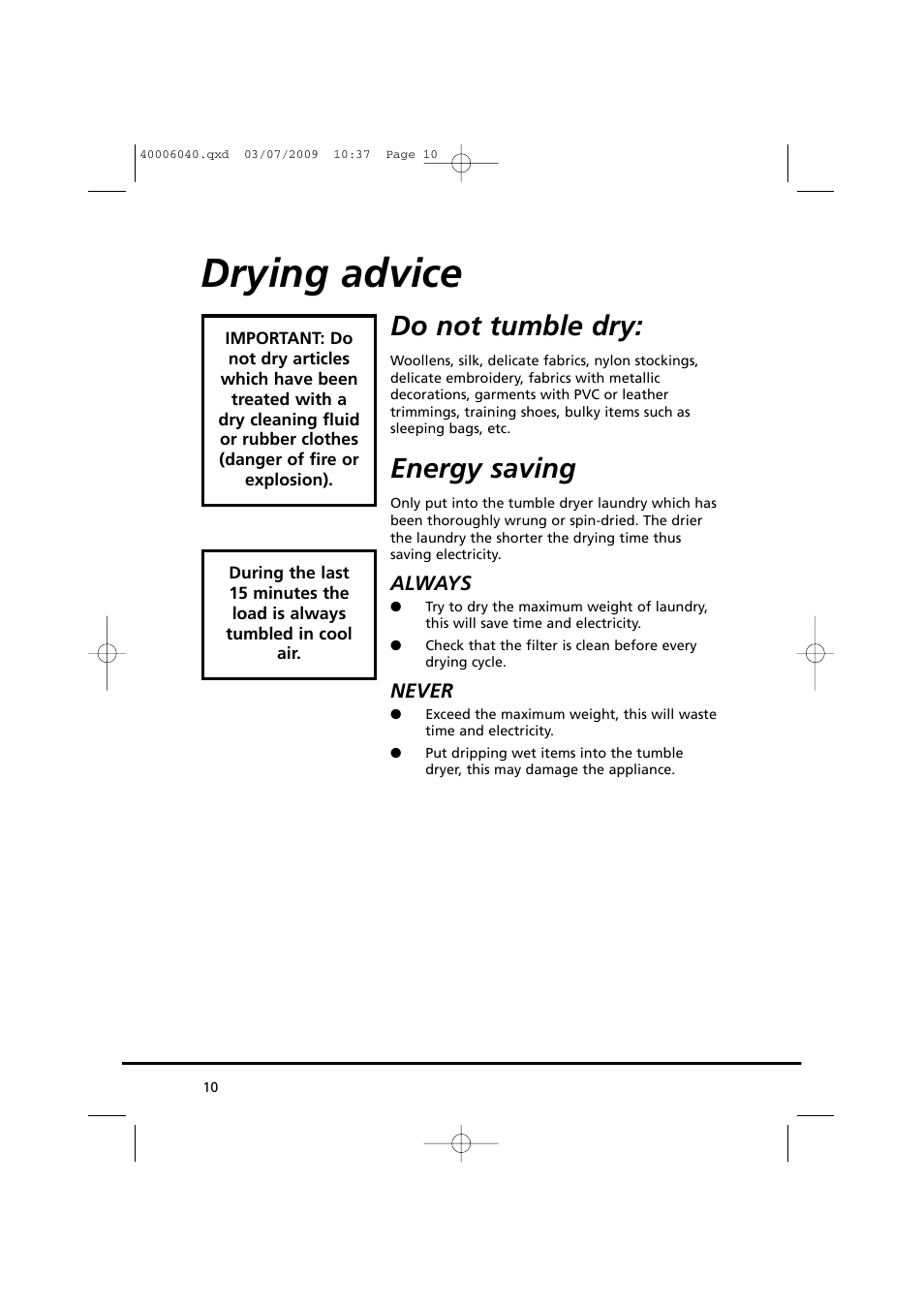 Drying advice, Do not tumble dry, Energy saving | Candy GOC58F-80 User Manual | Page 10 / 24