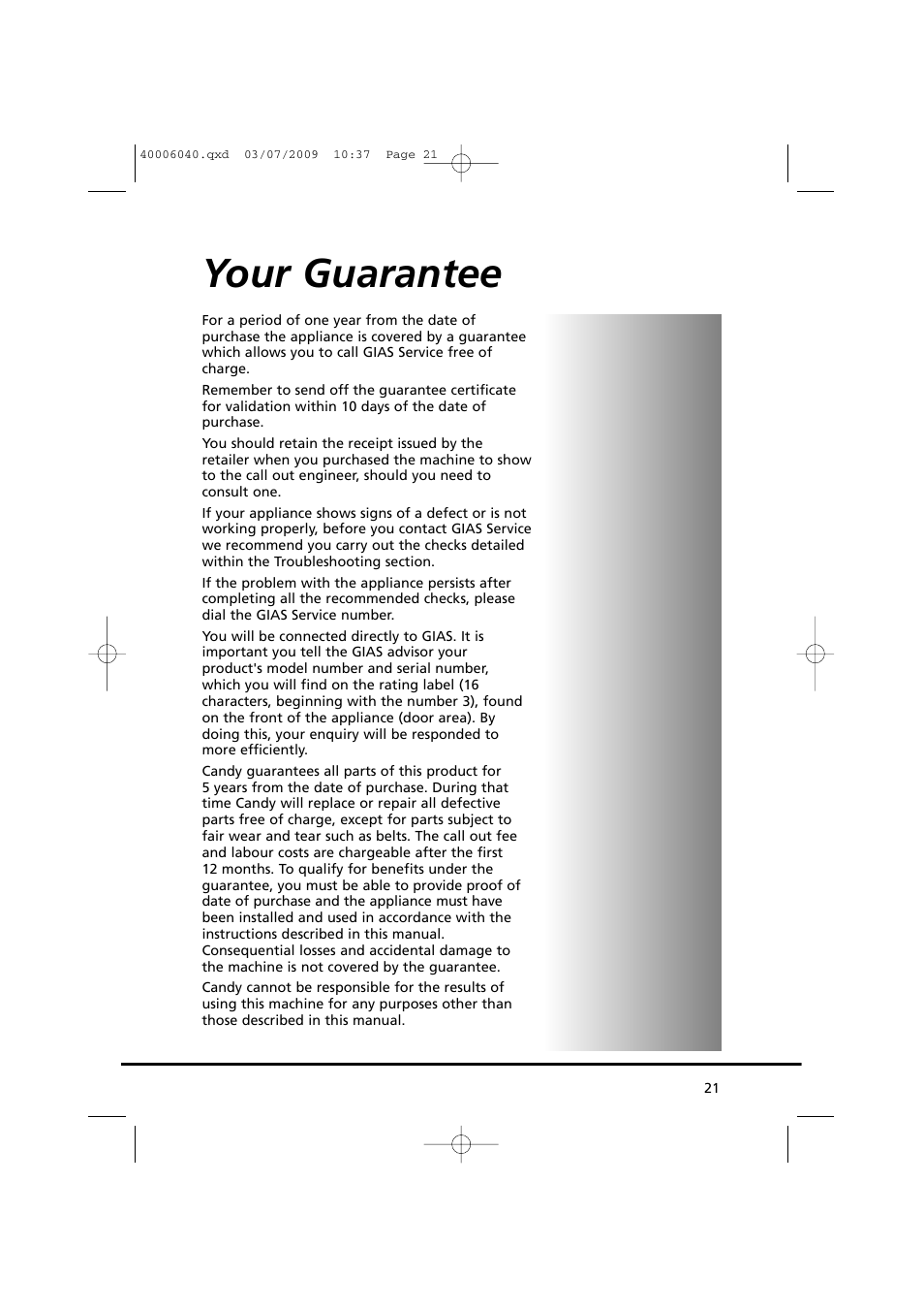 Your guarantee | Candy GOC58F-80 User Manual | Page 21 / 24