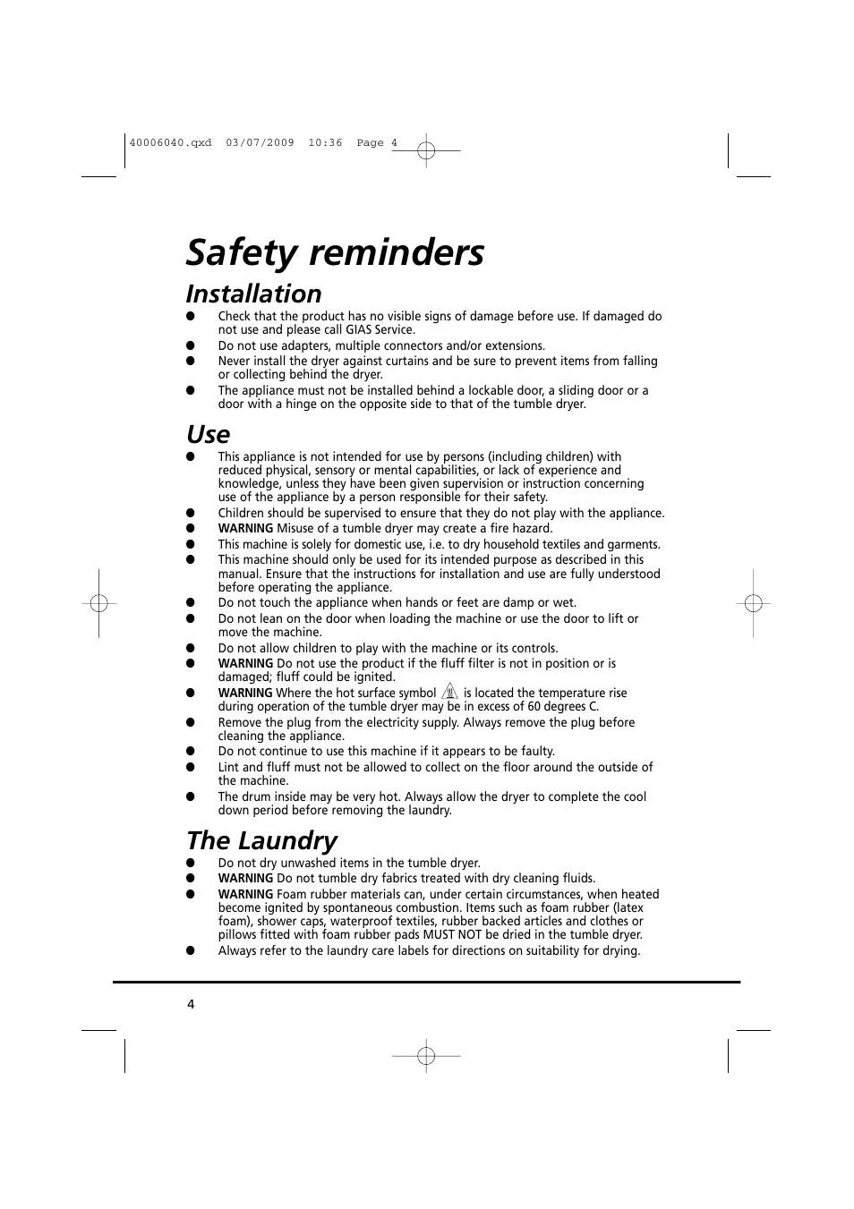 Safety reminders, Installation, The laundry | Candy GOC58F-80 User Manual | Page 4 / 24