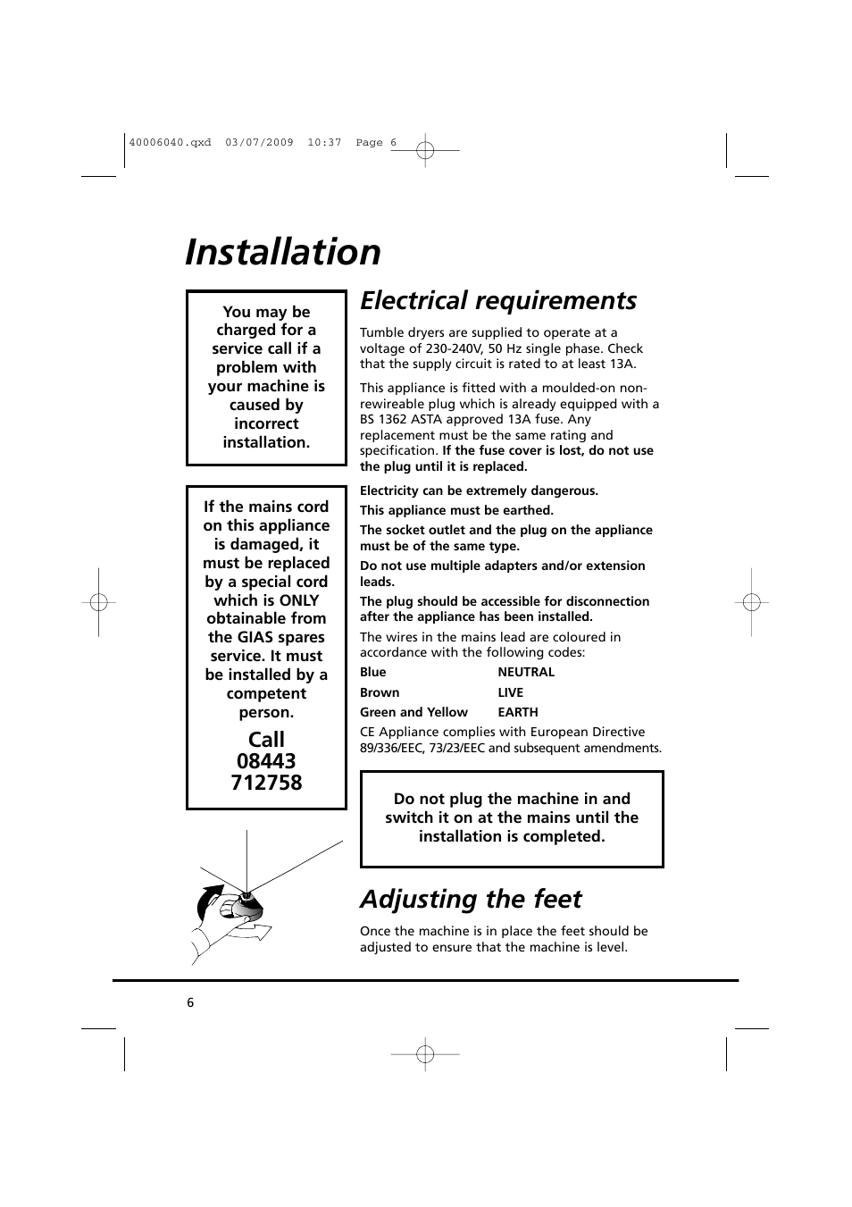 Installation, Electrical requirements, Adjusting the feet | Candy GOC58F-80 User Manual | Page 6 / 24