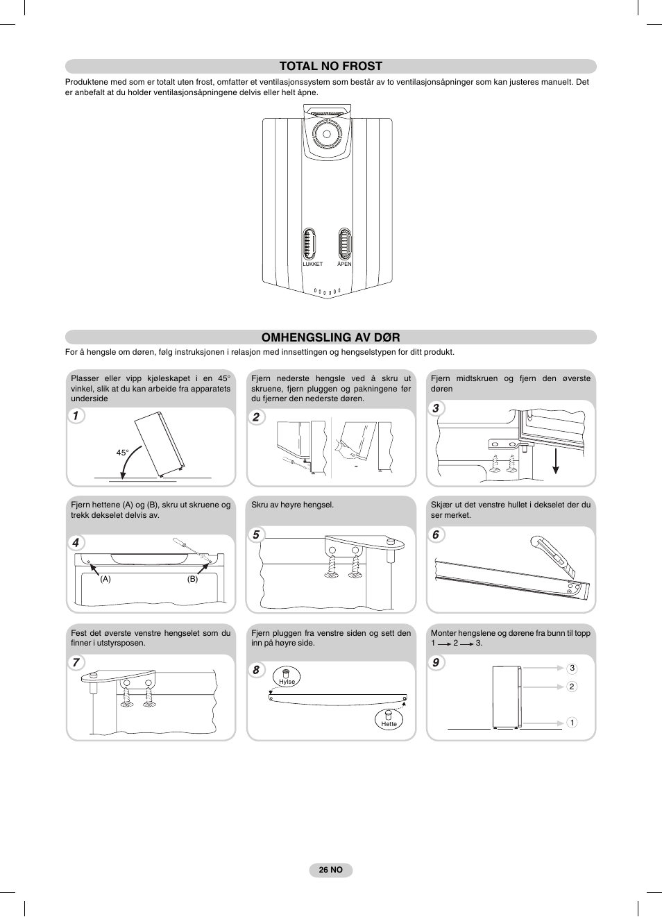 Omhengsling av dør, Total no frost | Candy CFDE 4484 User Manual | Page 26 / 32