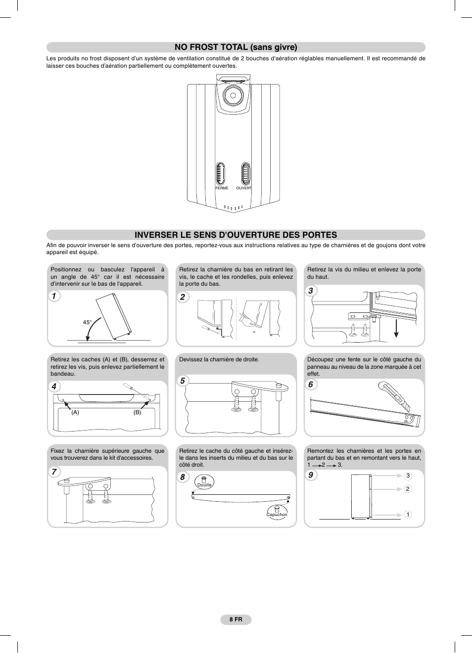 Inverser le sens d'ouverture des portes, No frost total (sans givre) | Candy CFDE 4484 User Manual | Page 8 / 32