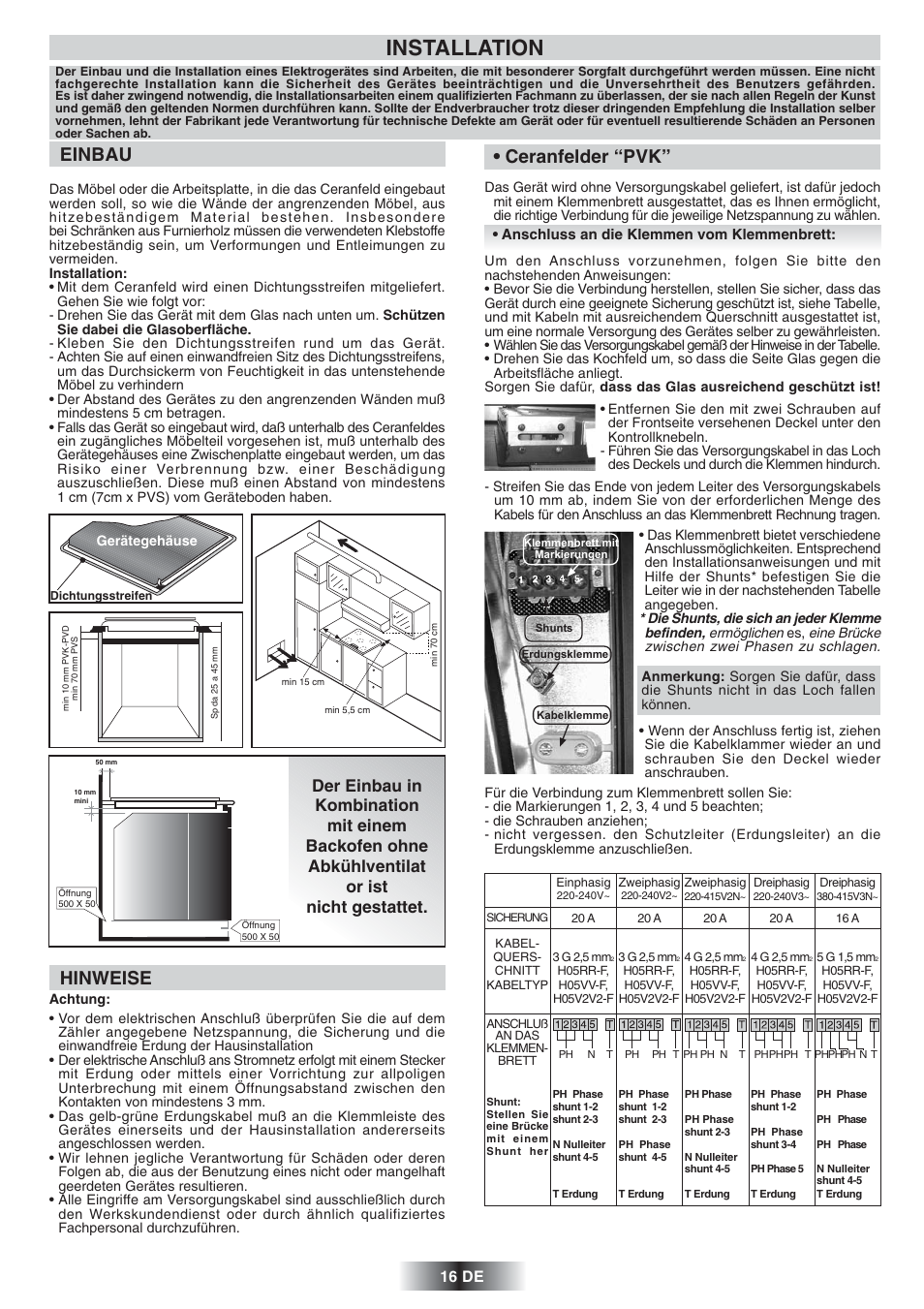 Installation, Ceranfelder “pvk, Einbau | Hinweise, 16 de | Candy PVD 647 N User Manual | Page 17 / 37