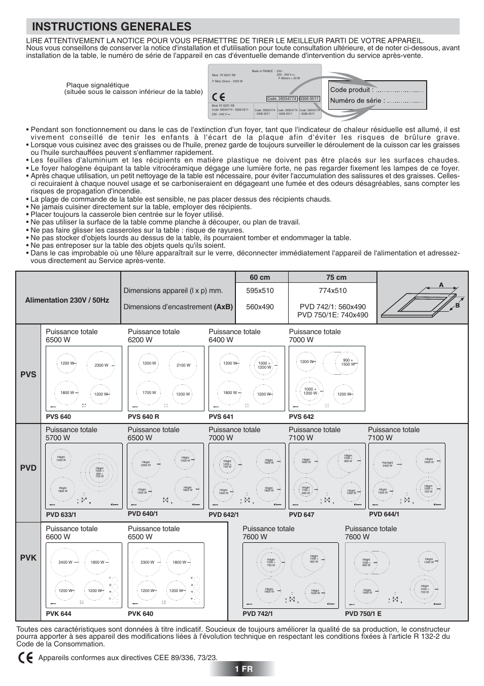 Instructions generales, 1 fr, Pvs pvd pvk | Halolight, Puissance totale 7600 w | Candy PVD 647 N User Manual | Page 2 / 37