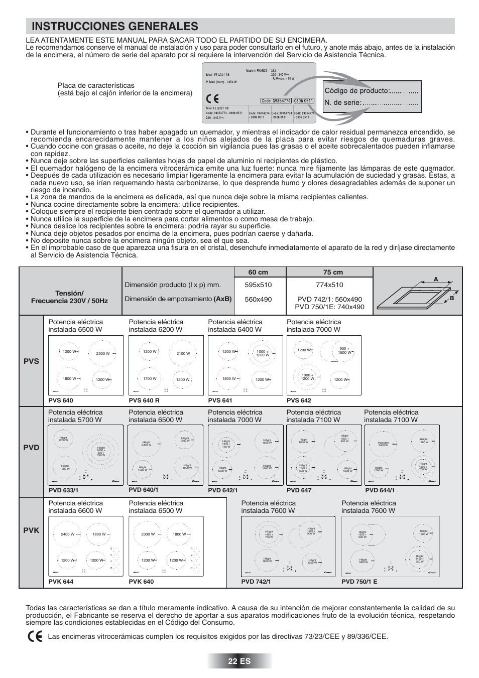 Instrucciones generales, 22 es, Pvs pvd pvk | Halolight, Potencia eléctrica instalada 7600 w | Candy PVD 647 N User Manual | Page 23 / 37