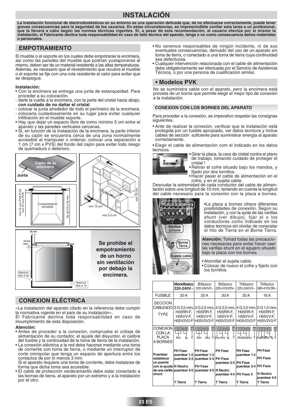 Instalación, Empotramiento, Conexion eléctrica • modelos pvk | 23 es | Candy PVD 647 N User Manual | Page 24 / 37