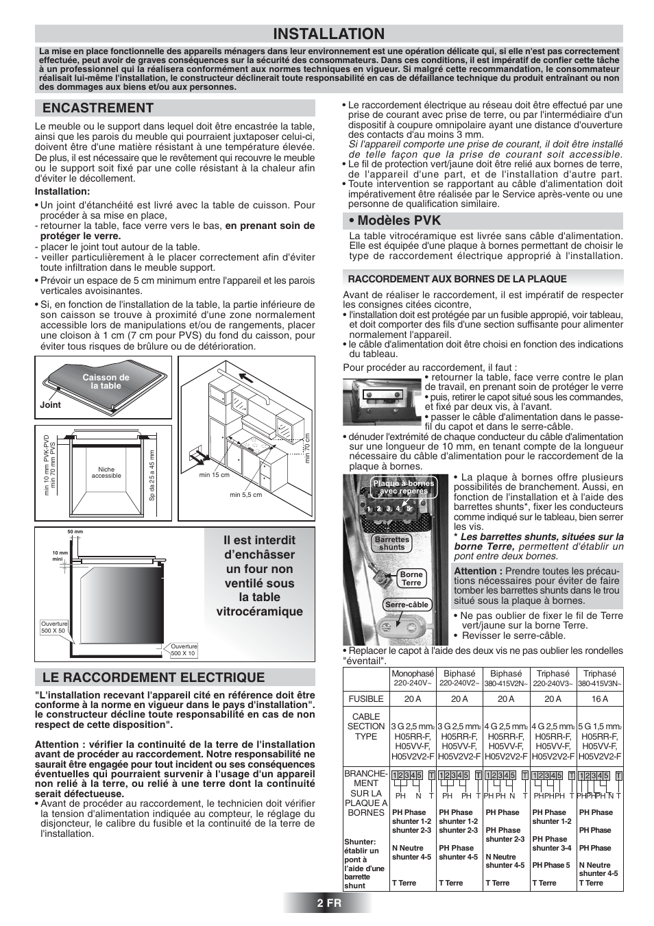 Installation, Modèles pvk, Encastrement | Le raccordement electrique, 2 fr | Candy PVD 647 N User Manual | Page 3 / 37