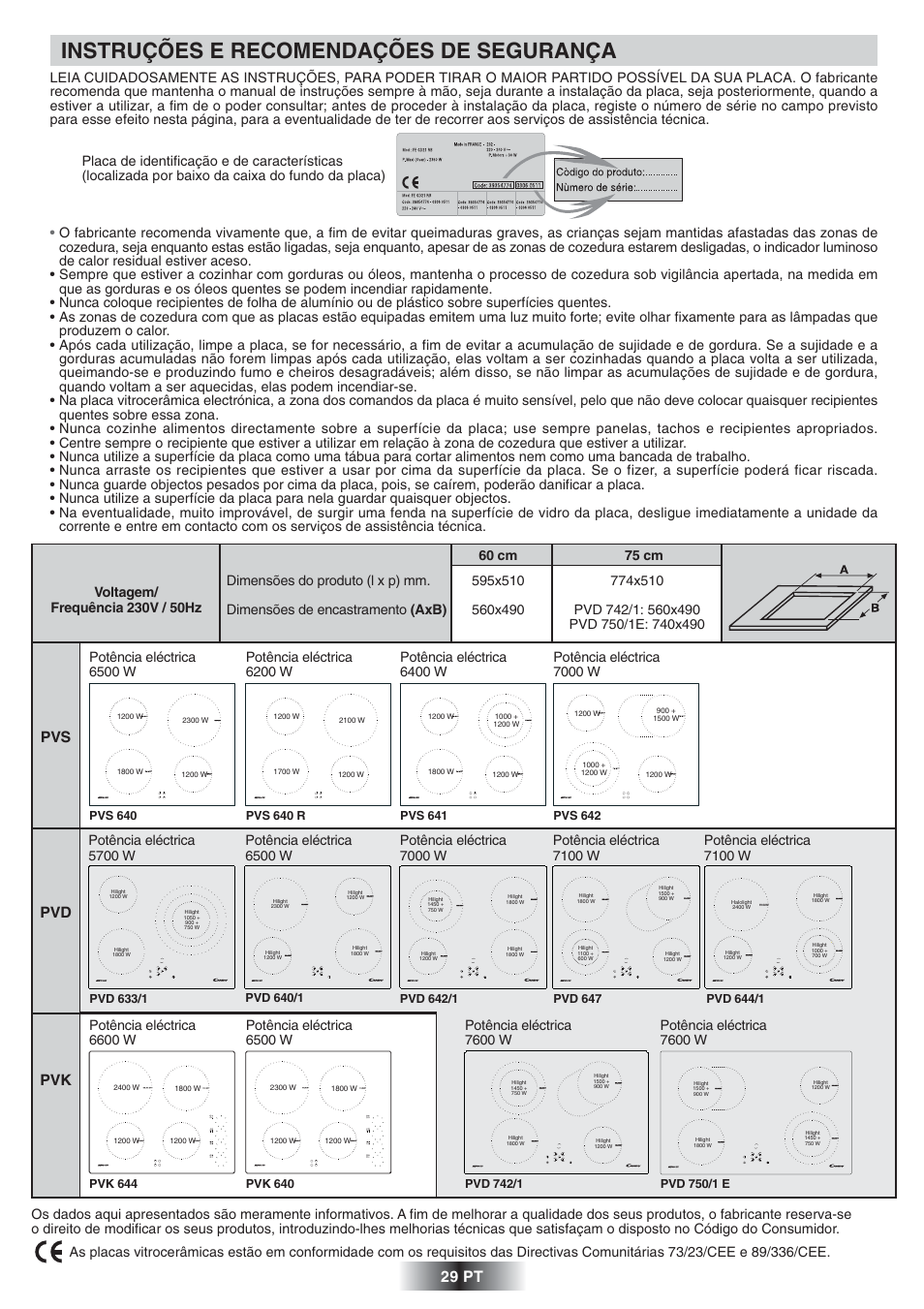 Instruções e recomendações de segurança, 29 pt, Pvs pvd pvk | Halolight, Potência eléctrica 7600 w | Candy PVD 647 N User Manual | Page 30 / 37