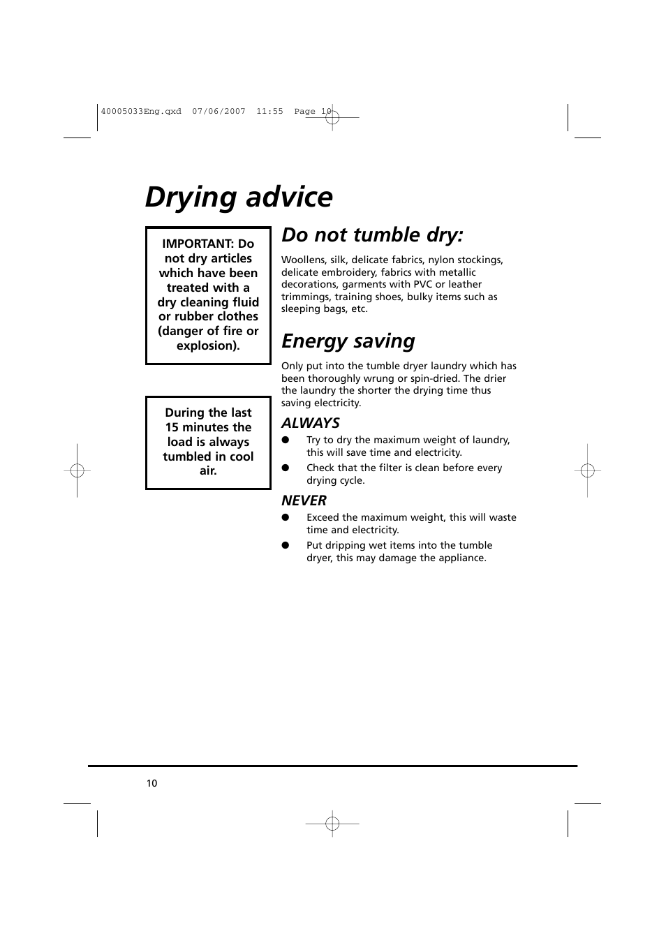 Drying advice, Do not tumble dry, Energy saving | Candy GO DC 67-86S User Manual | Page 10 / 182