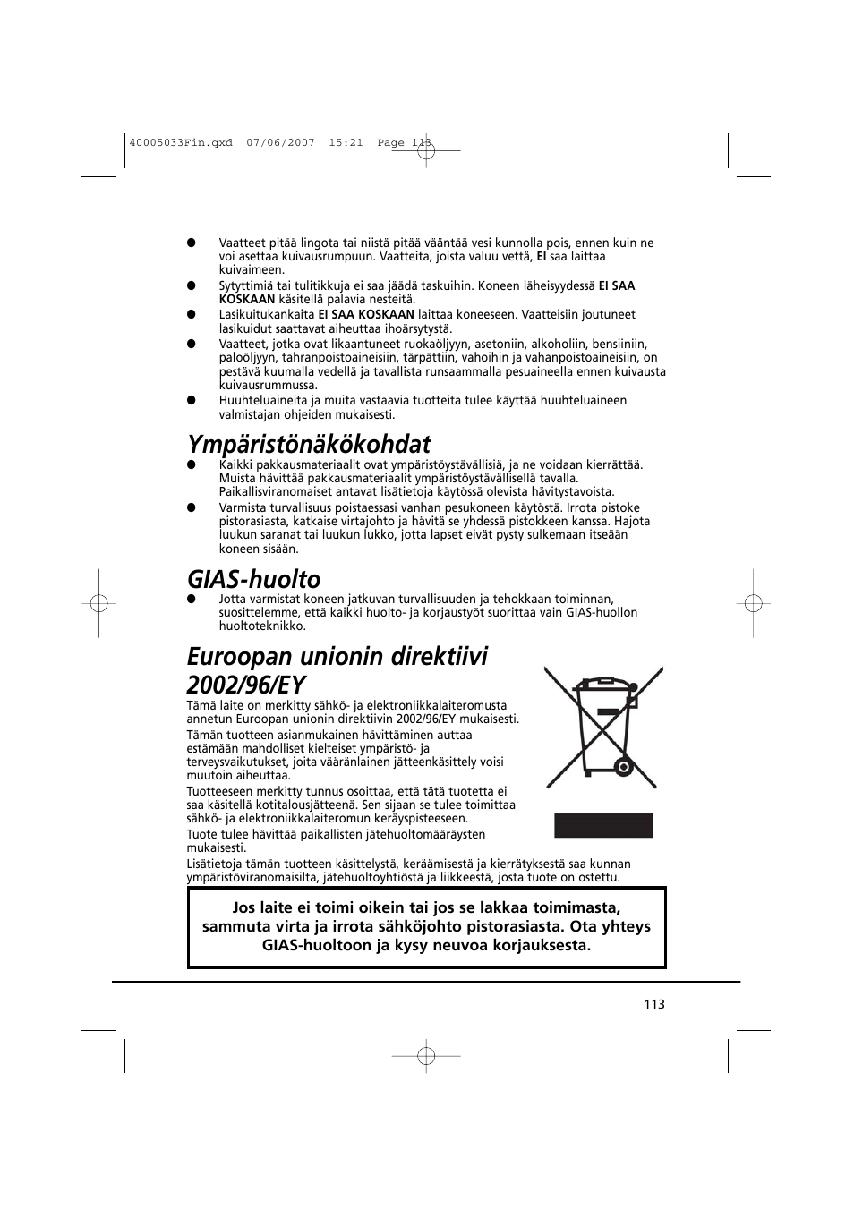 Ympäristönäkökohdat, Gias-huolto | Candy GO DC 67-86S User Manual | Page 113 / 182