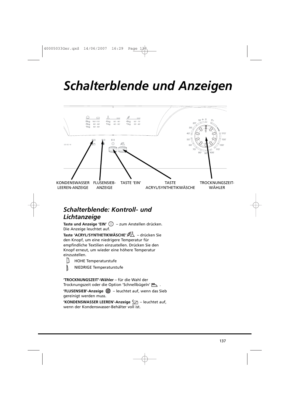 Schalterblende und anzeigen, Schalterblende: kontroll- und lichtanzeige | Candy GO DC 67-86S User Manual | Page 137 / 182