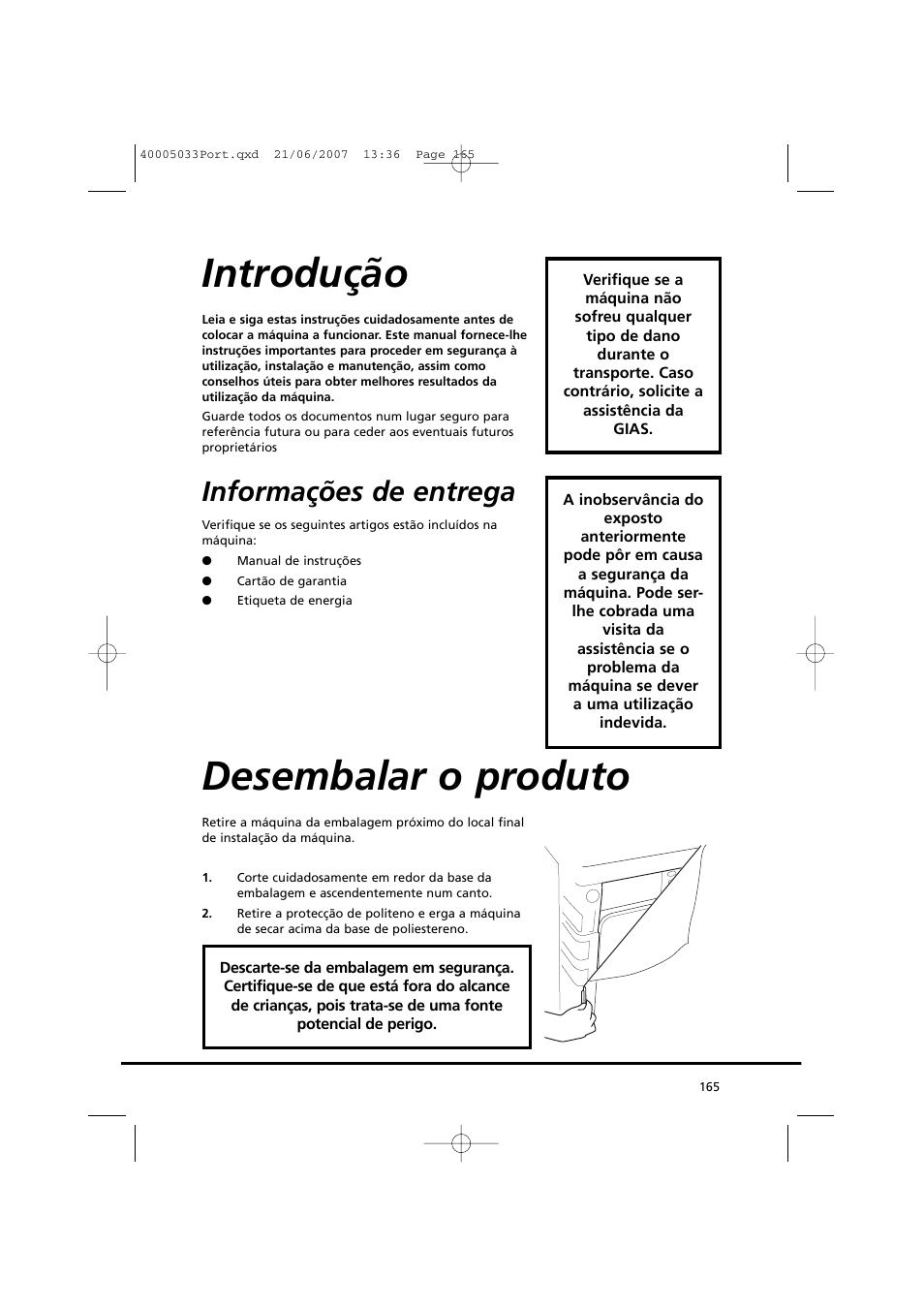 Introdução, Desembalar o produto, Informações de entrega | Candy GO DC 67-86S User Manual | Page 165 / 182